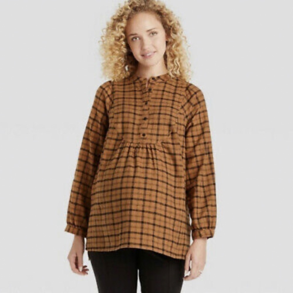 Women’s Brushed Flannel Long Sleeve Blouse Isabel Maternity Brown Plaid Size M
